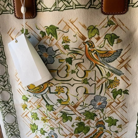 Authentic TORY BURCH Leather/Cotton printed magnetic snap long Tote - Picture 4 of 12